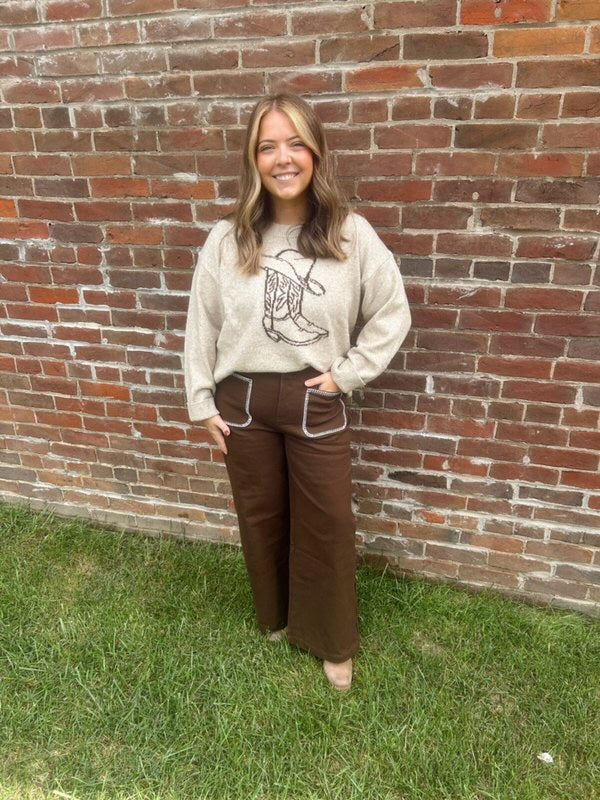 Brown Embroidered Trim Pants