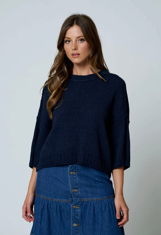 Crew Neck Drop Shoulder Raw Edge Knit Top