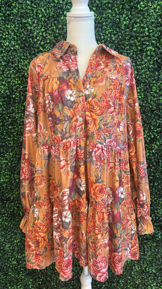 Vintage Floral Printed Corduroy Shift Dress