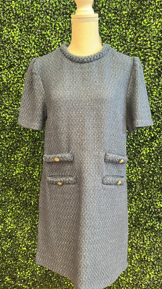 Braid Neck Double Pocket Tweed Dress
