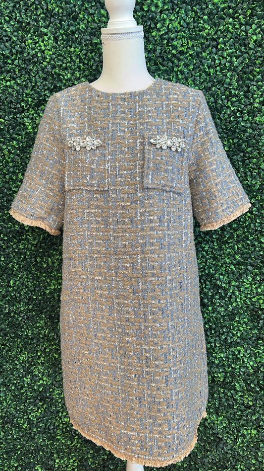Jewel Pocket Front Fringe Detail Tweed Dress