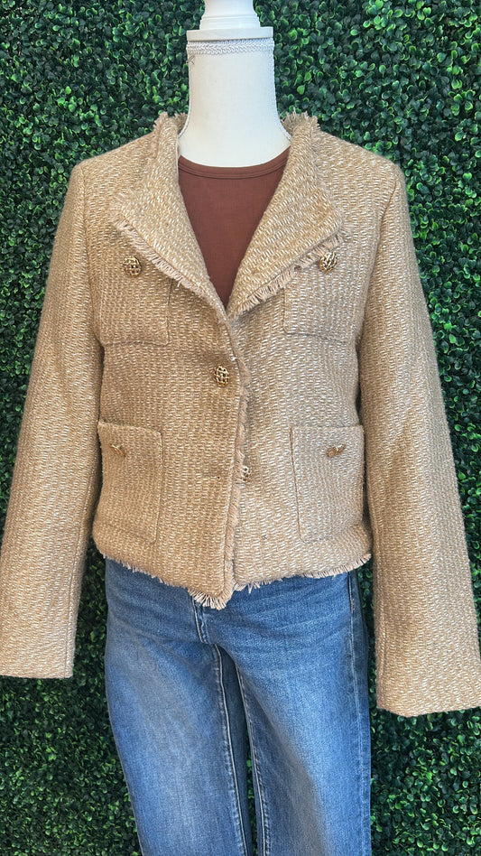 Double Pocket Fringe Detailed Tweed Blazer