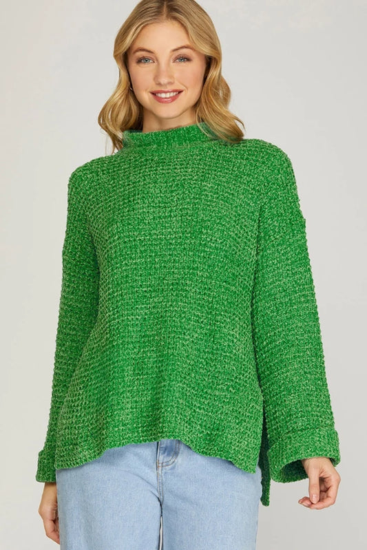 GREEN LONG CUFF SLEEVE MOCK NECK HI LOW WAFFLE CHENILLE