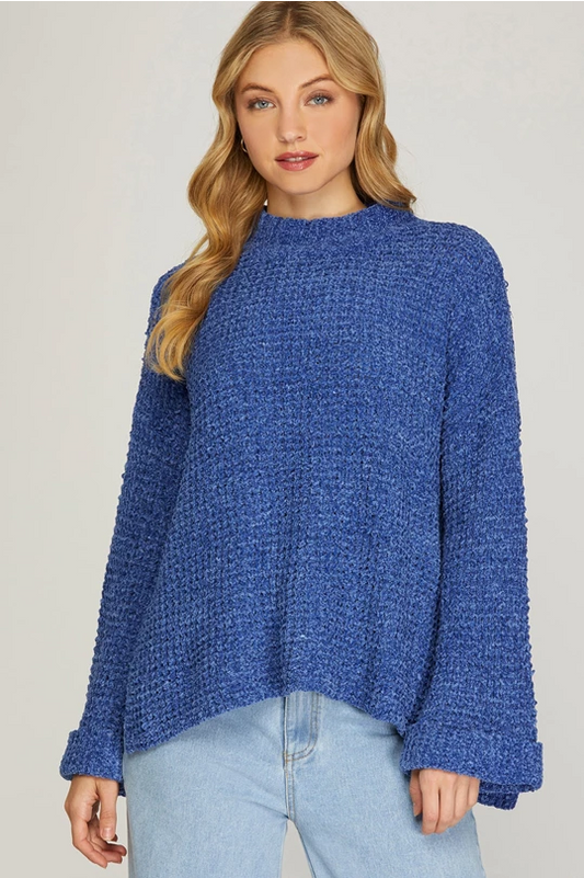 ROYAL BLUE LONG CUFF SLEEVE MOCK NECK HI LOW WAFFLE CHENILLE