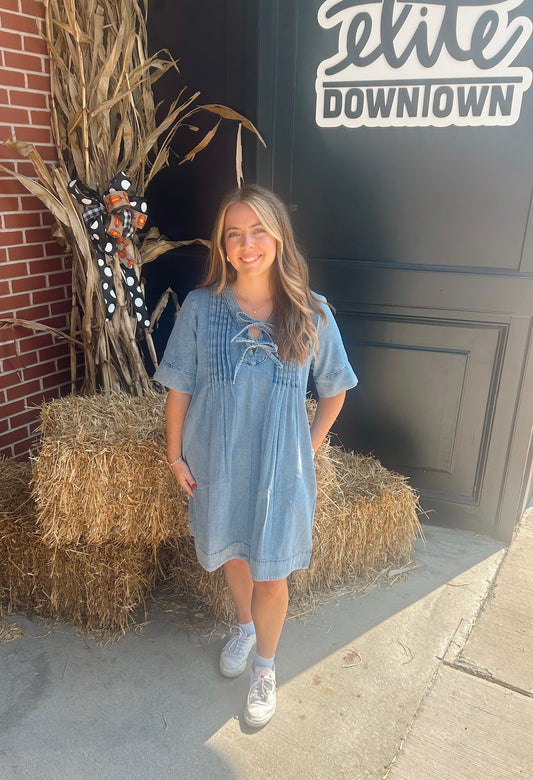 Pintuck Short Sleeve Denim Dress