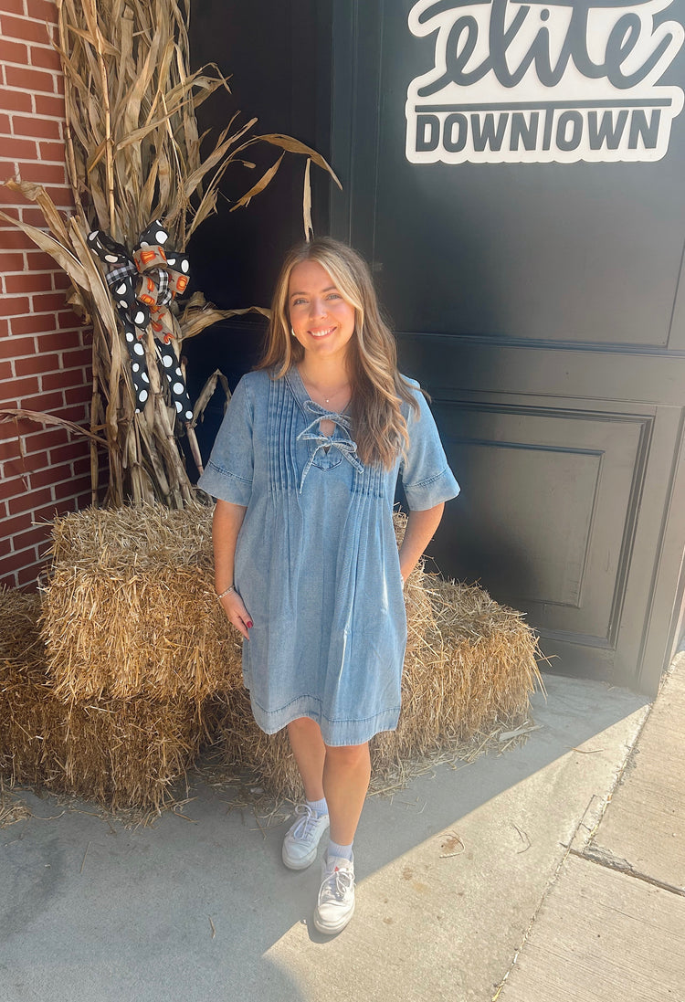 Pintuck Short Sleeve Denim Dress