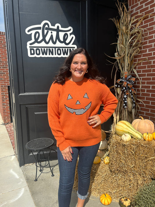 Pumpkin Face Patchwork Sweater Knit Top