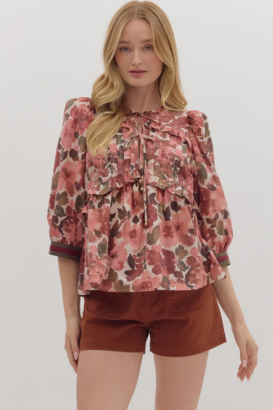 Floral Print 3/4 Sleeve Peplum Top