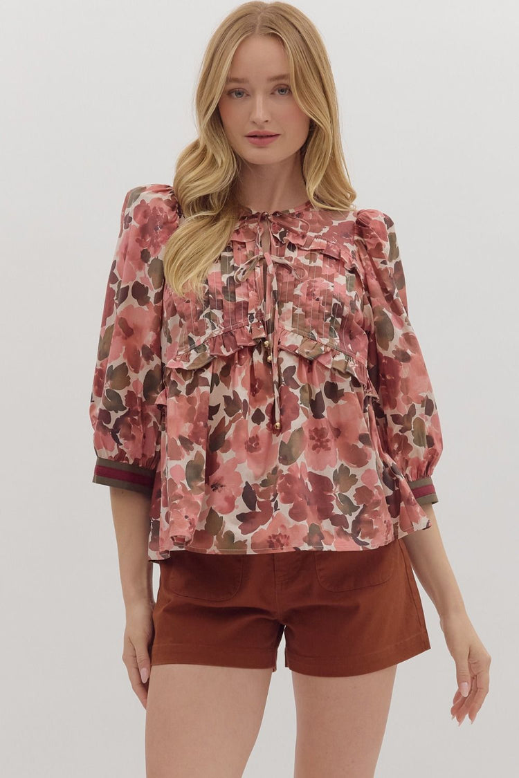 Floral Print 3/4 Sleeve Peplum Top