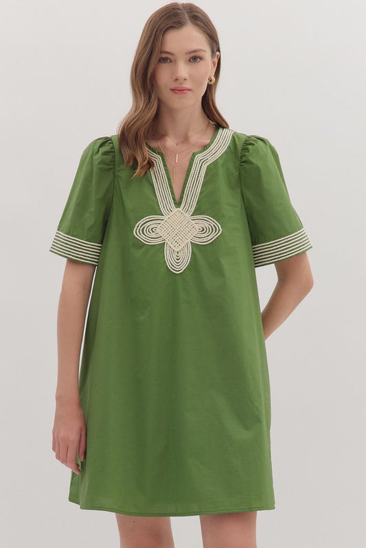 Amazon Solid Short Sleeve Mini Dress with Embroidered Trim