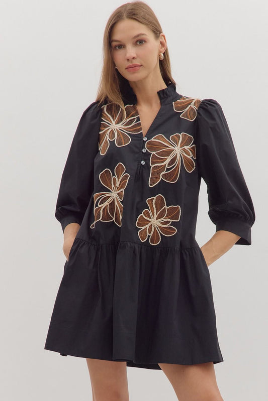 Floral Embroidered 3/4 Sleeve Mini Dress