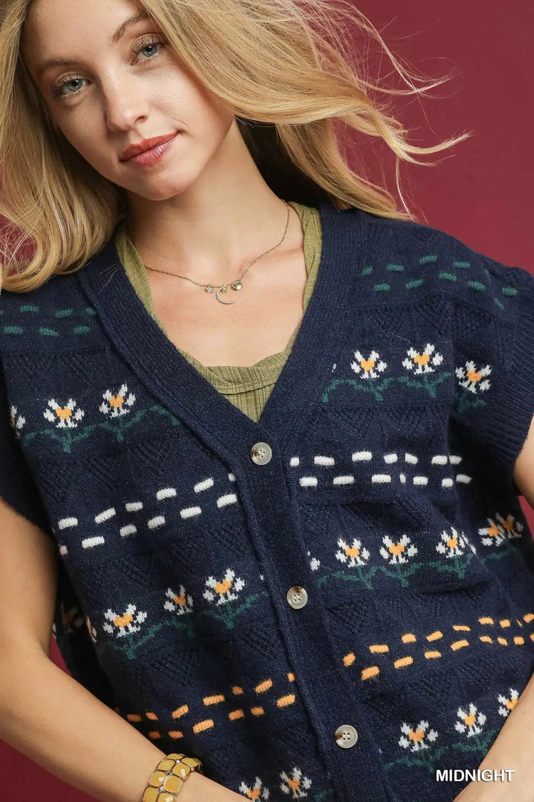 Button Down Knit Vest with Floral Pattern