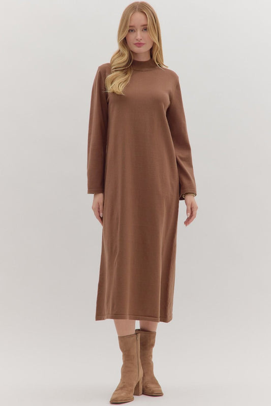 Brown Solid Mock Neck Long Sleeve Midi Dress