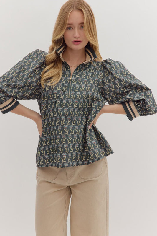 Floral Print 3/4 Puff Sleeve Top with Zipper Top