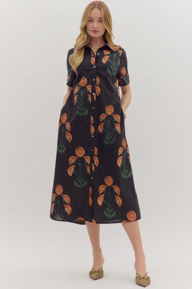 Floral Print Short Sleeve Midi Dress