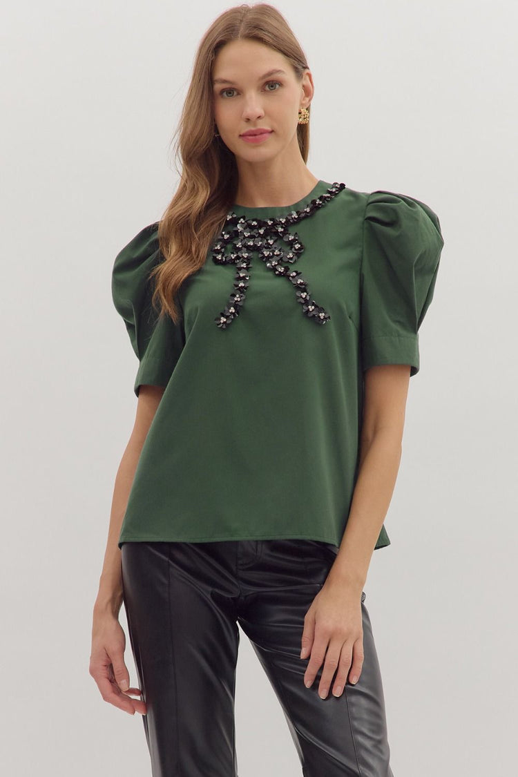 Sequin Bow Solid Puff Sleeve Top