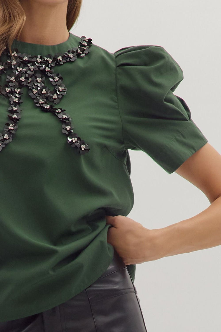 Sequin Bow Solid Puff Sleeve Top