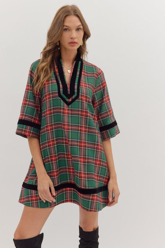 Tartan Velvet Sleeve Mini Dress