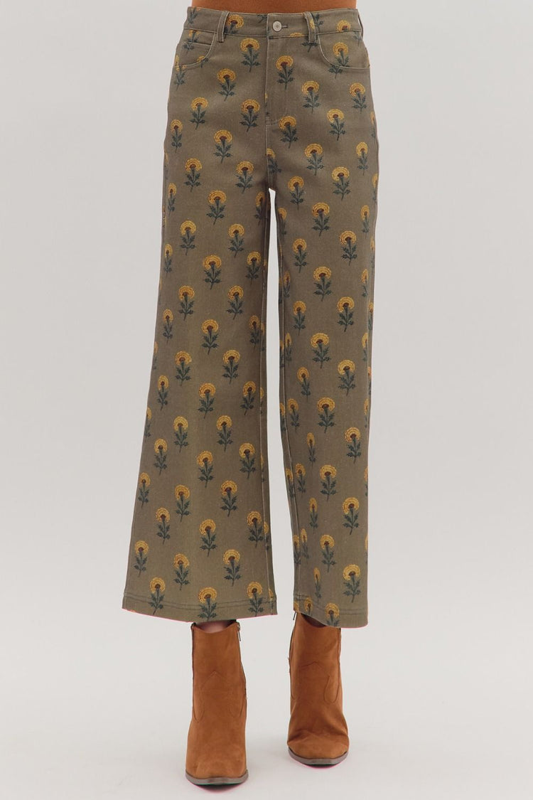 Botanical Print Wide-Leg Pants