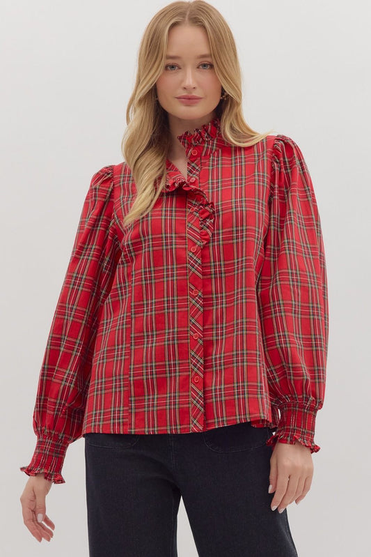 Tartan Plaid Sleeve Blouse with Ruffle Neck