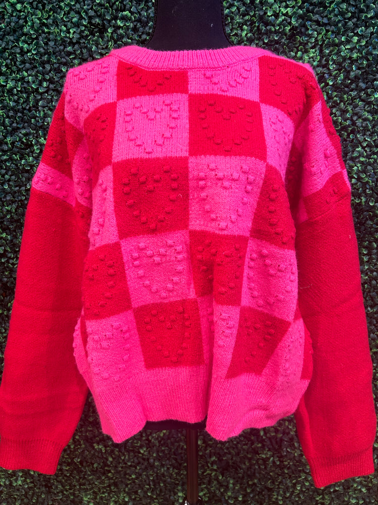 Multicolor Checkered Pattern Heart Detail Textured Sweater