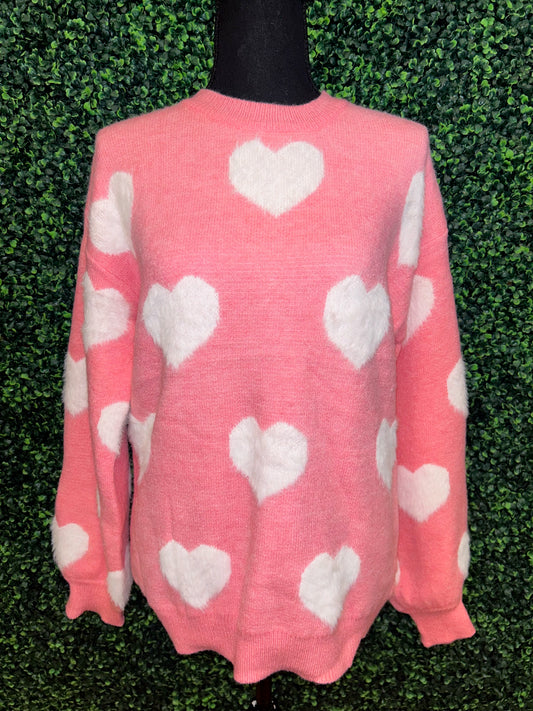 Bubble Gum Pink Fuzzy knit heart sweater