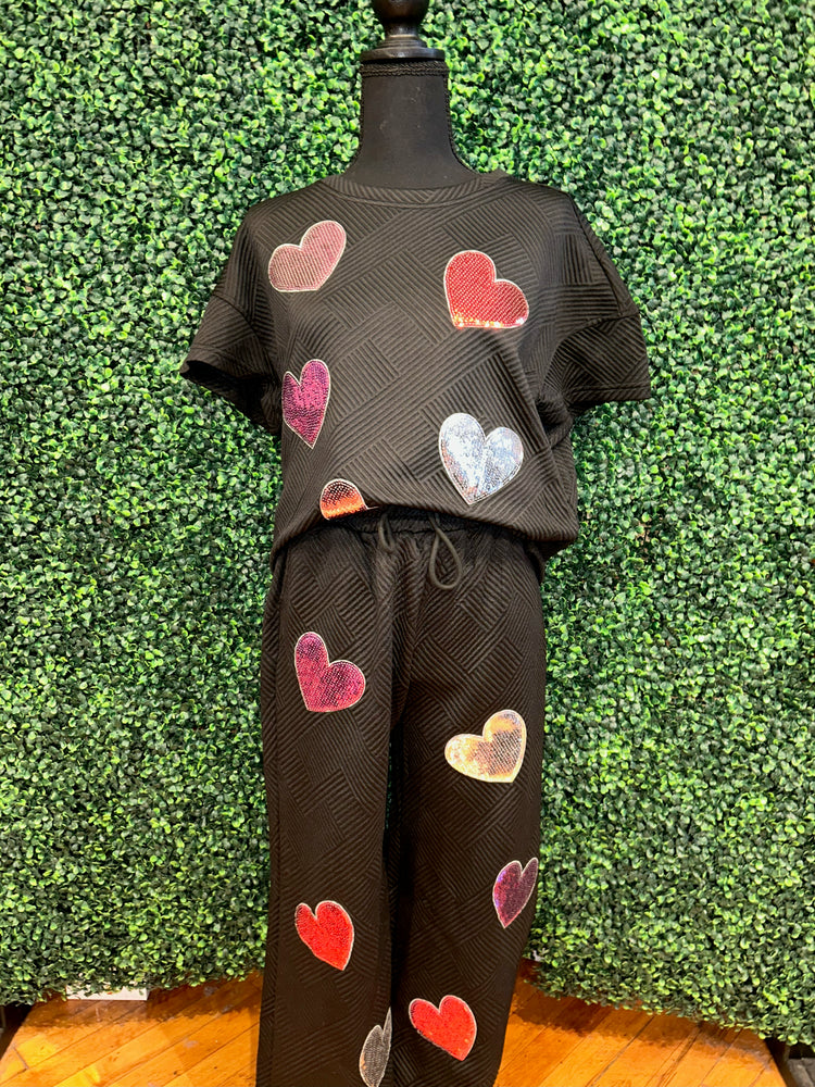 Black Sequin Heart Popping Graphic Textured 2pcs Outfit