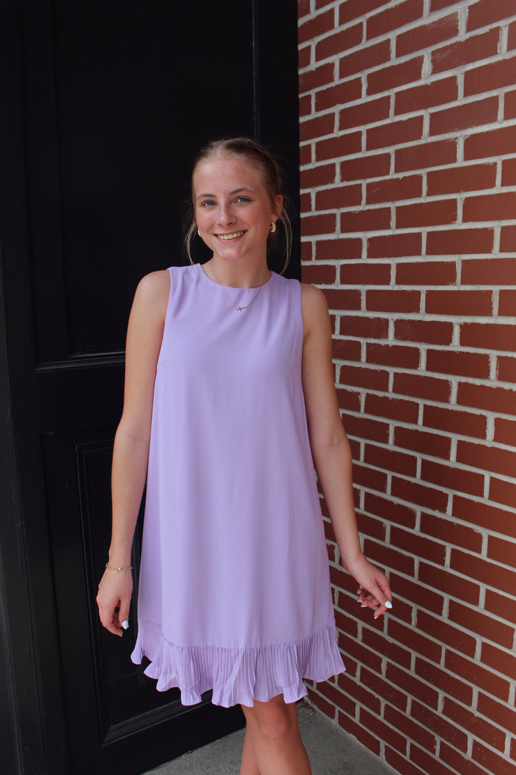 LAVENDER SLEEVELESS WOVEN DRESS WITH PLEATED HEM
