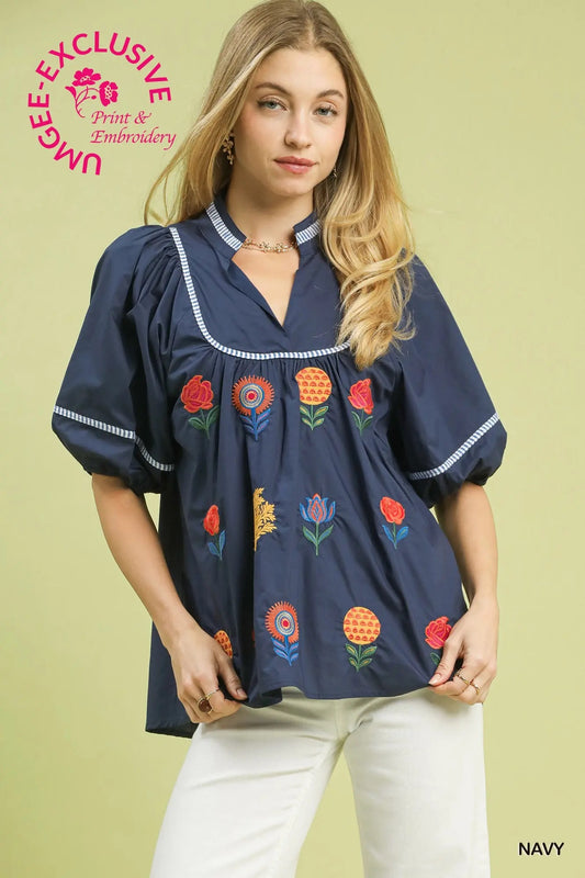 Embroidered Floral Puff Sleeve Top
