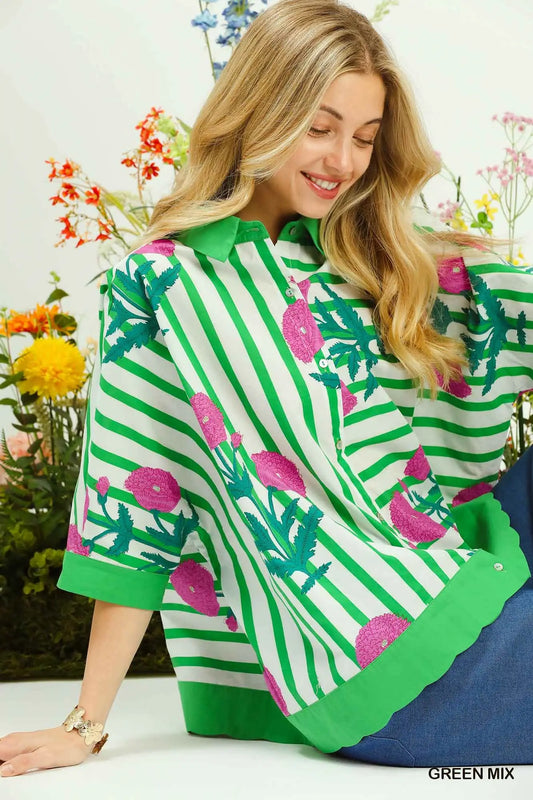 Mix Floral Stripe Button Down Top