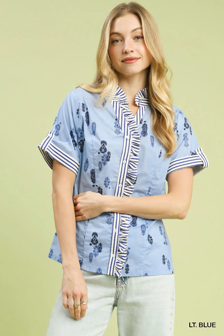 Printed Ruffle Trim Button Front Blouse