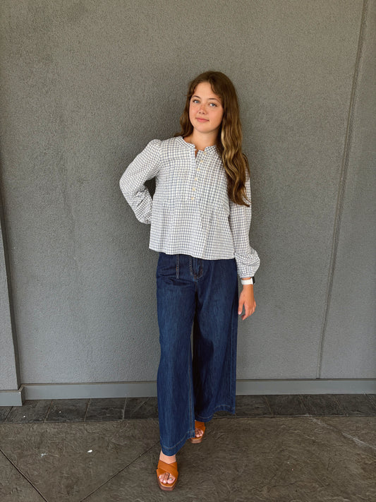 PLAID PINTUCK DETAIL HENLEY LONG SLEEVE TOP