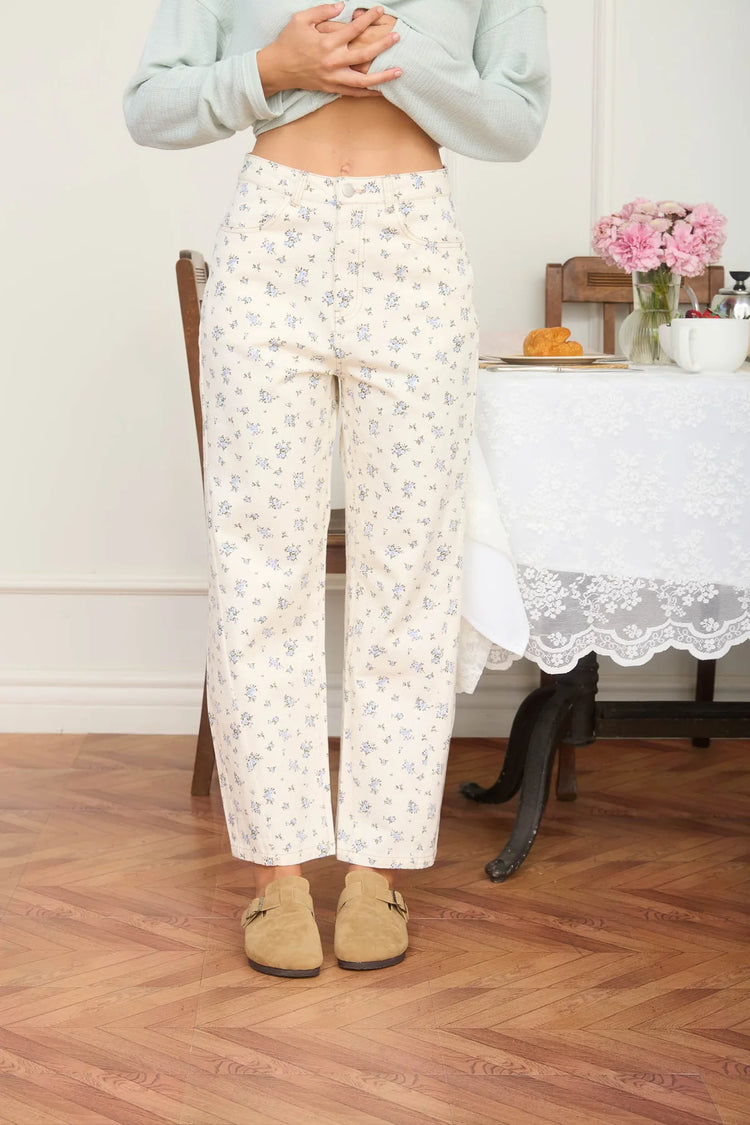 FLORAL ECRU DENIM PATTERN JEANS - ECRU MULTI