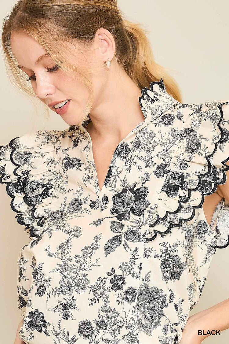 Floral Print Sleeveless Top with Scalloped Edge Ruffle