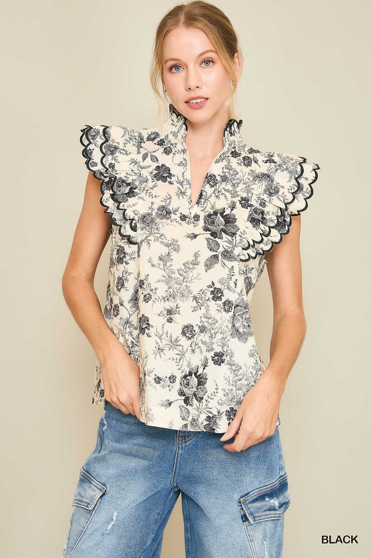 Floral Print Sleeveless Top with Scalloped Edge Ruffle