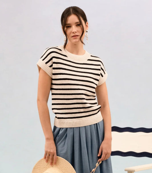 STRIPE CREW NECK SHORT SLEEVE KNIT PULLOVER