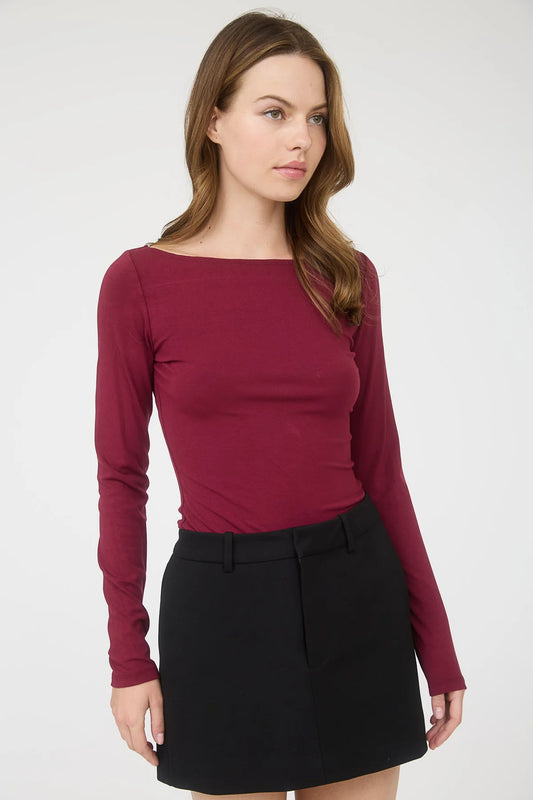 BOAT NECK LONG SLEEVE SOLID KNIT TOP