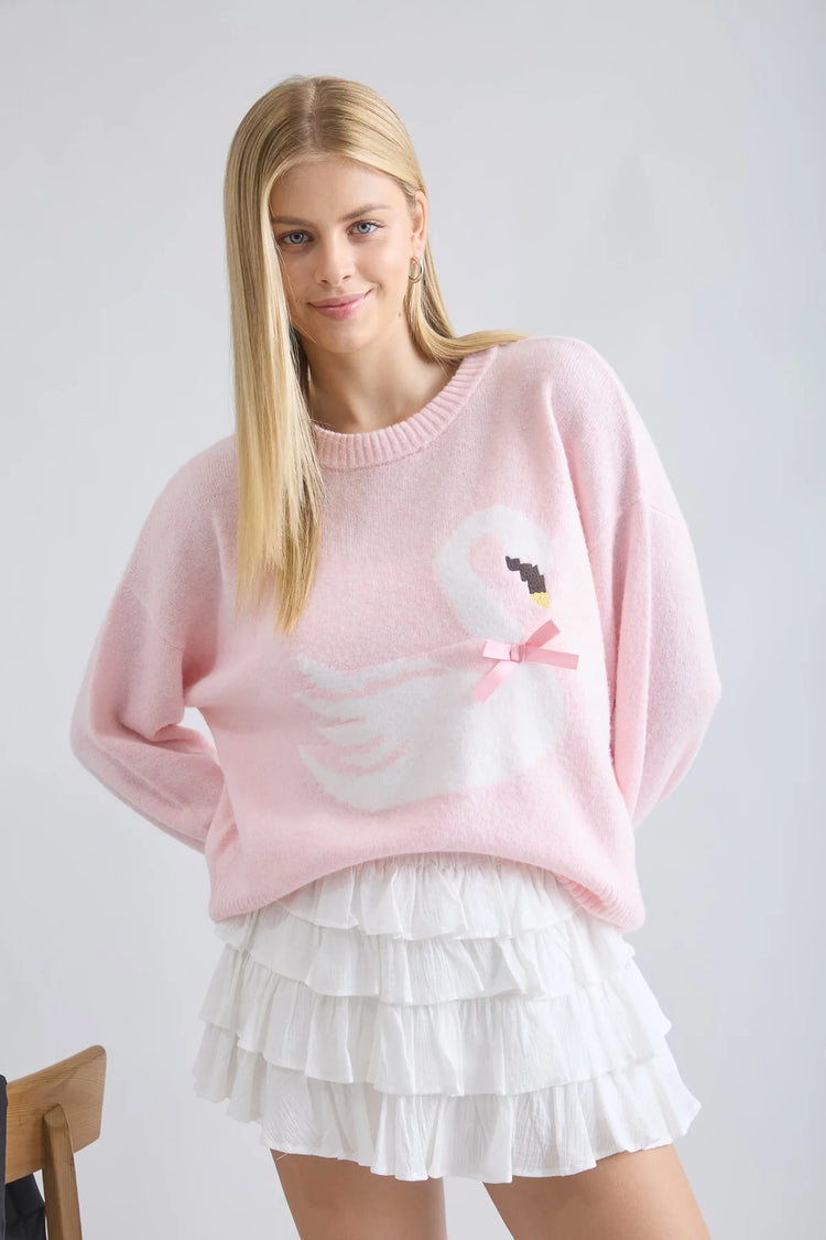 SWAN BOW MOTIF KNIT PULLOVER SWEATER