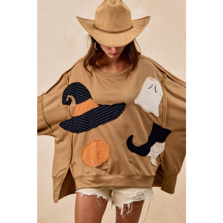 HALLOWEEN THEME PATCHWORK FRENCH TERRY SWEATSHIRT