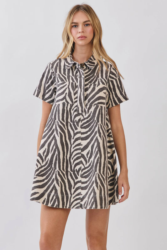 Zebra Print Button Down Collared Mini Dress