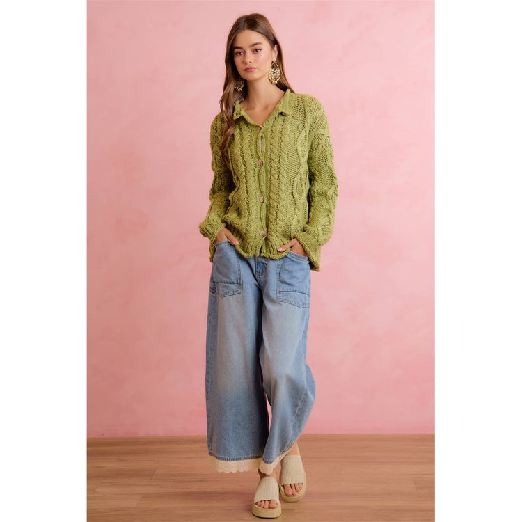 CROCHET LACE TRIM RELAXED STRAIGHT WIDE LEG DEMIN JEANS