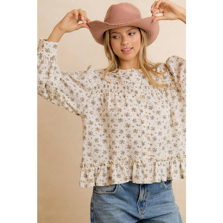 VINTAGE FLORAL SMOCKED BUTTON DOWN PEPLUM BLOUSE: OATMEAL