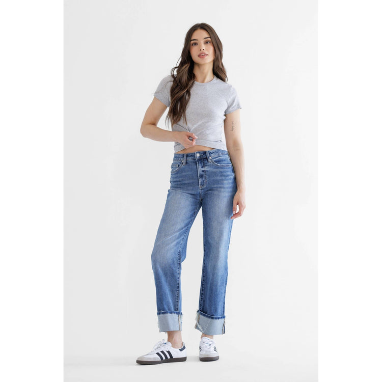 CASSIDY SUPER HIGH RISE RELAXED STRAIGHT CUFFED LEG: PENN BLUE