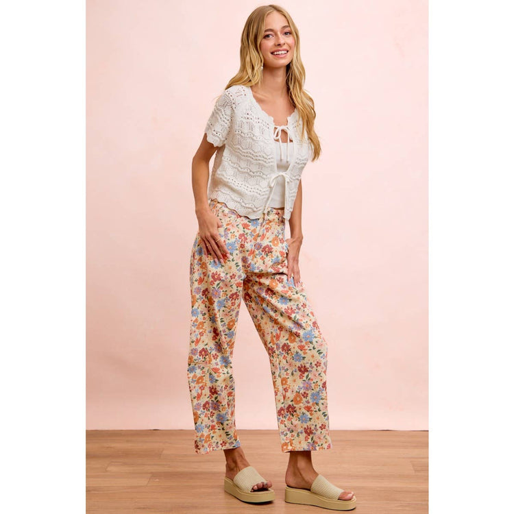 WASHED FLORAL PRINTED TWILL BARREL PANTS