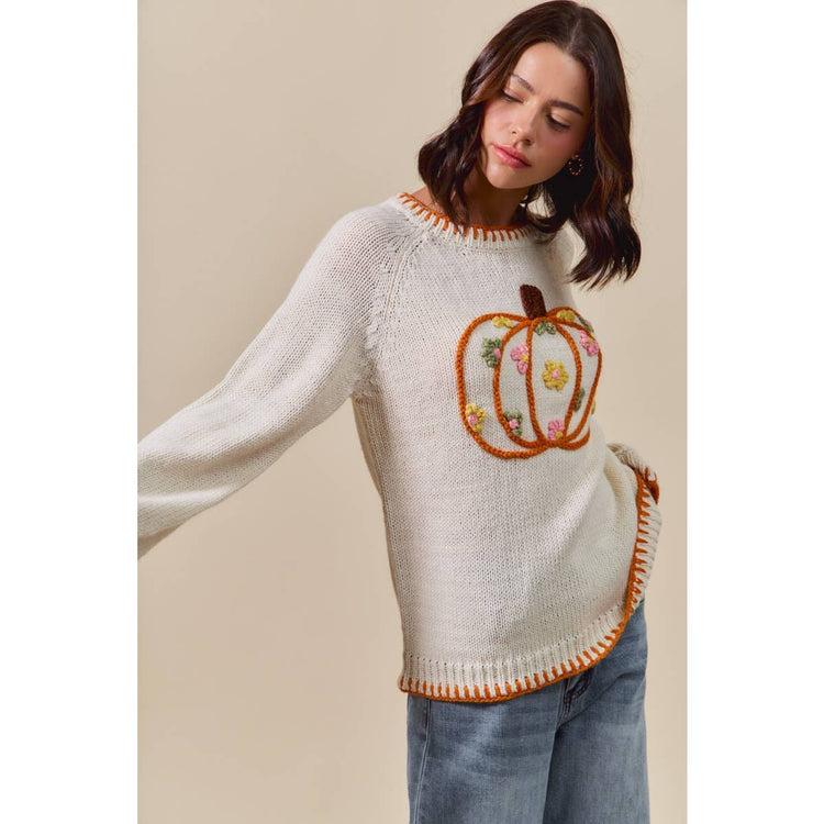 PUMPKIN FLORAL EMBROIDERED THANKSGIVING SWEATER