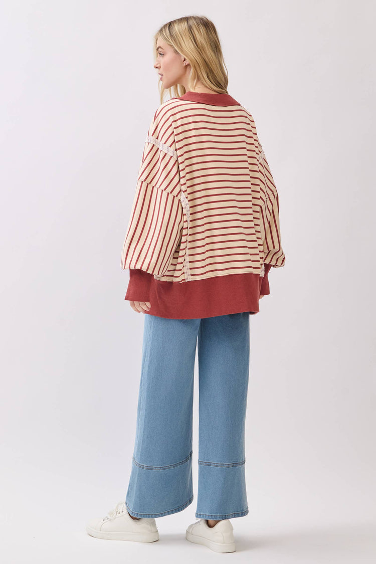 Striped Balloon Sleeve Terry Sweatshirt