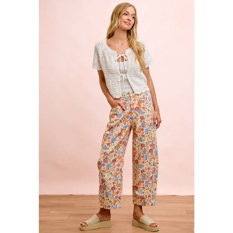 WASHED FLORAL PRINTED TWILL BARREL PANTS