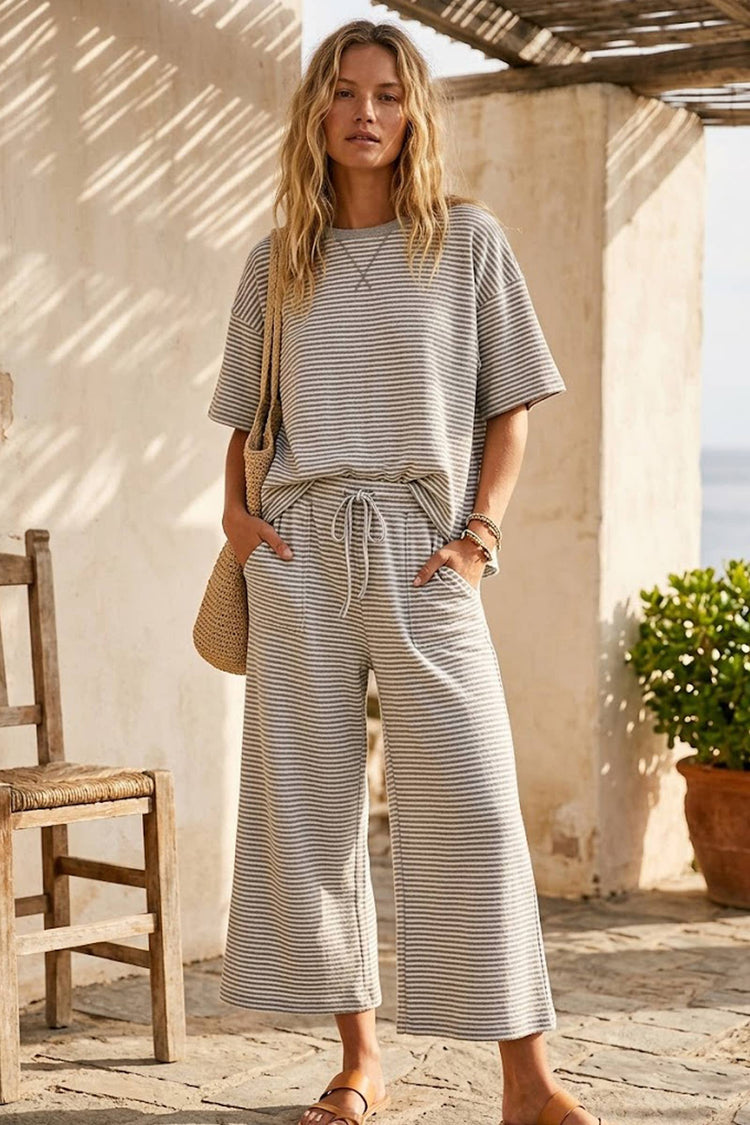 Striped Knit Top and Pants Set: Grey/white