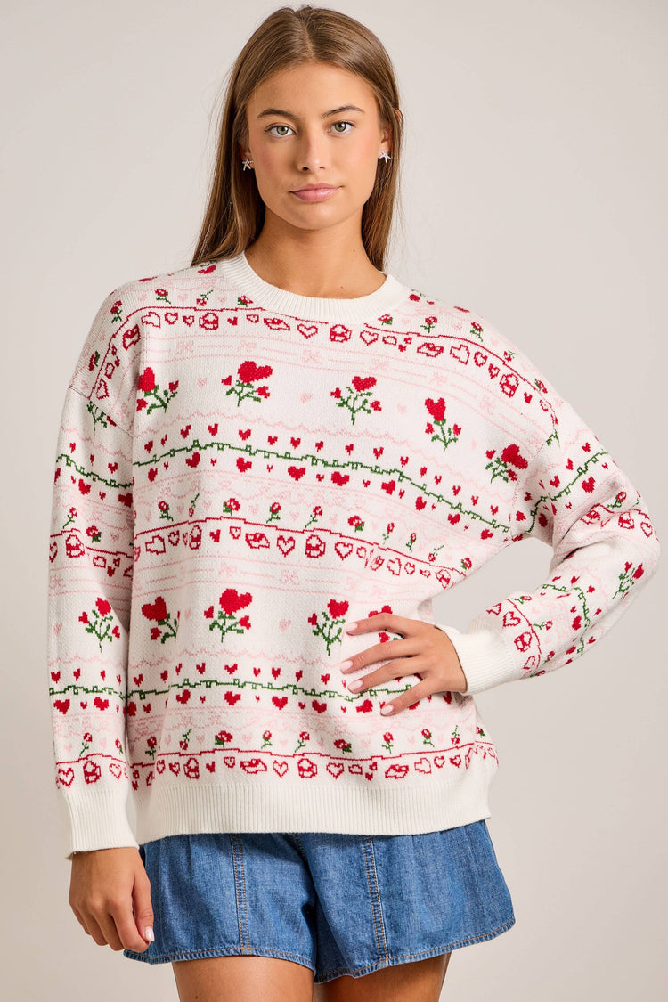 All overr heart-and-rose jacquard sweater knit top