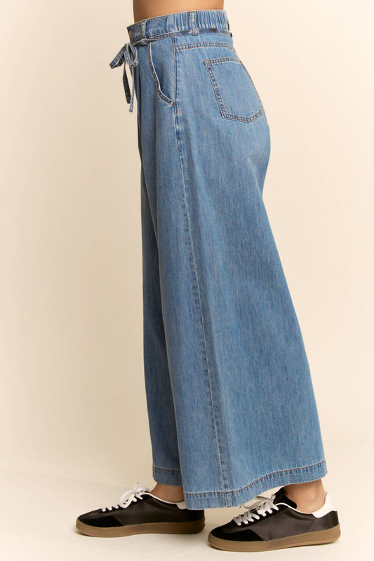 HIGH WAISTED WIDE LEG DENIM PANTS SELF TIE BELT: BLUE DENIM